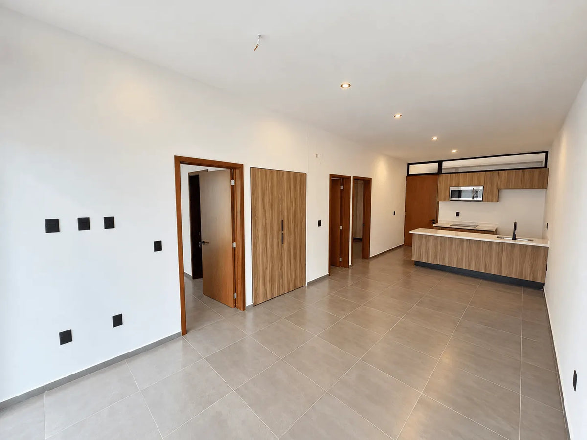 Sala, comedor y cocina en un solo espacio, departamento en venta en Palos Prietos, Mazatlán