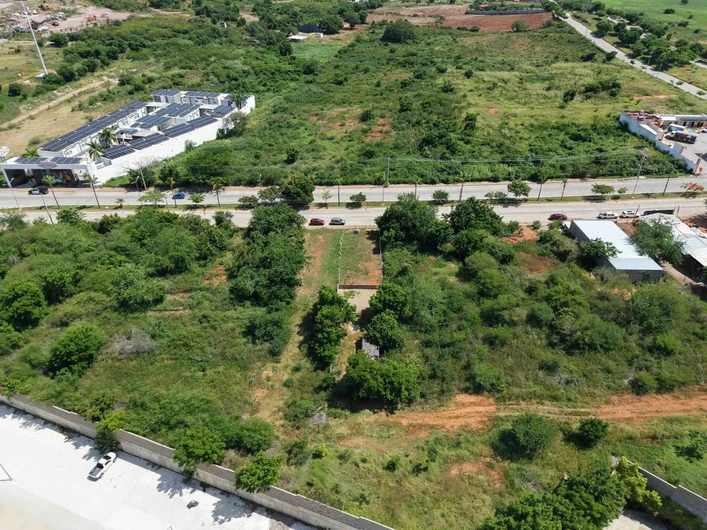 Vista aérea del terreno en Marina Universidad con vegetación y vialidad de acceso
